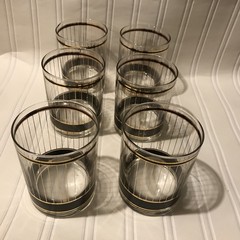 Culver Signed Devon 22 Karat Gold & Black Double Old Fashion Glasses Set Of Six