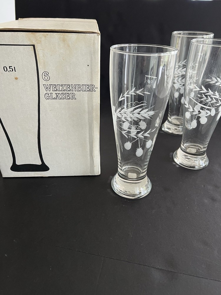 Vintage German Etched Wheat Pilsner Beer Glass Goblets 16.9oz In Box 9” Set Of 6