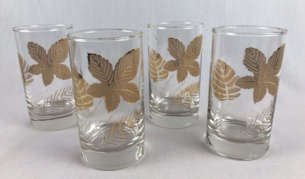 Vintage Golden Gold Leaf Foliage 12 oz. Tumblers Glassware Drinkware by Libbey