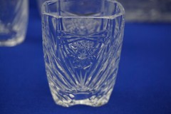 Pasabahce Crystal Decanter, 6 1/4″, with Lid 8 3/4″ & (9) Glasses, 2 1/2″ NWT