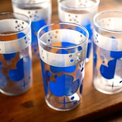 (4) Anchor Hocking Happy Home Glasses 60s Vintage MCM – FAIR – Blue White ATOMIC