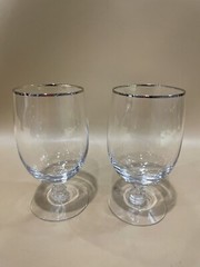 Vintage Pair Fosteria Footed Glass Tumbler Goblet Platinum Rim
