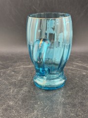 Antqiue Light Blue Mary Gregory Glass Hand Painted Tumbler Ribbed Gold Rim