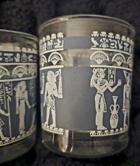 Qty 2 – Vintage Hazel Atlas Wedgewood Blue Egyptian Whiskey Glasses