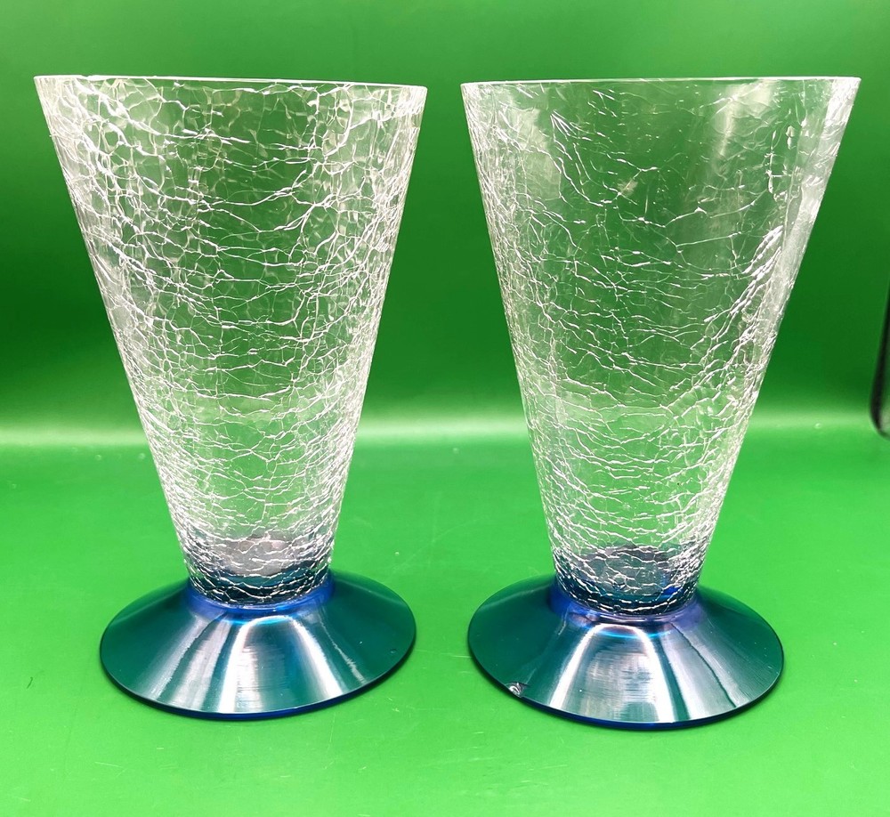 Mid Century Barware Drinking Glasses Crackle Glass Cone Shape Blue Base Set of 2
