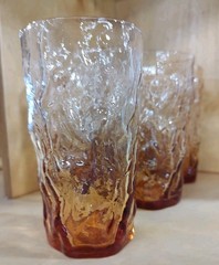 VTG Amber Glass Tumbler Set Mid-Century Crinkle Glasses Texture 5 PCs- 5 3/16″