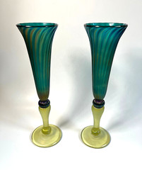 Vintage Signed Rick Strini Art Glass Iridescent Champagne Glasses Set of 2