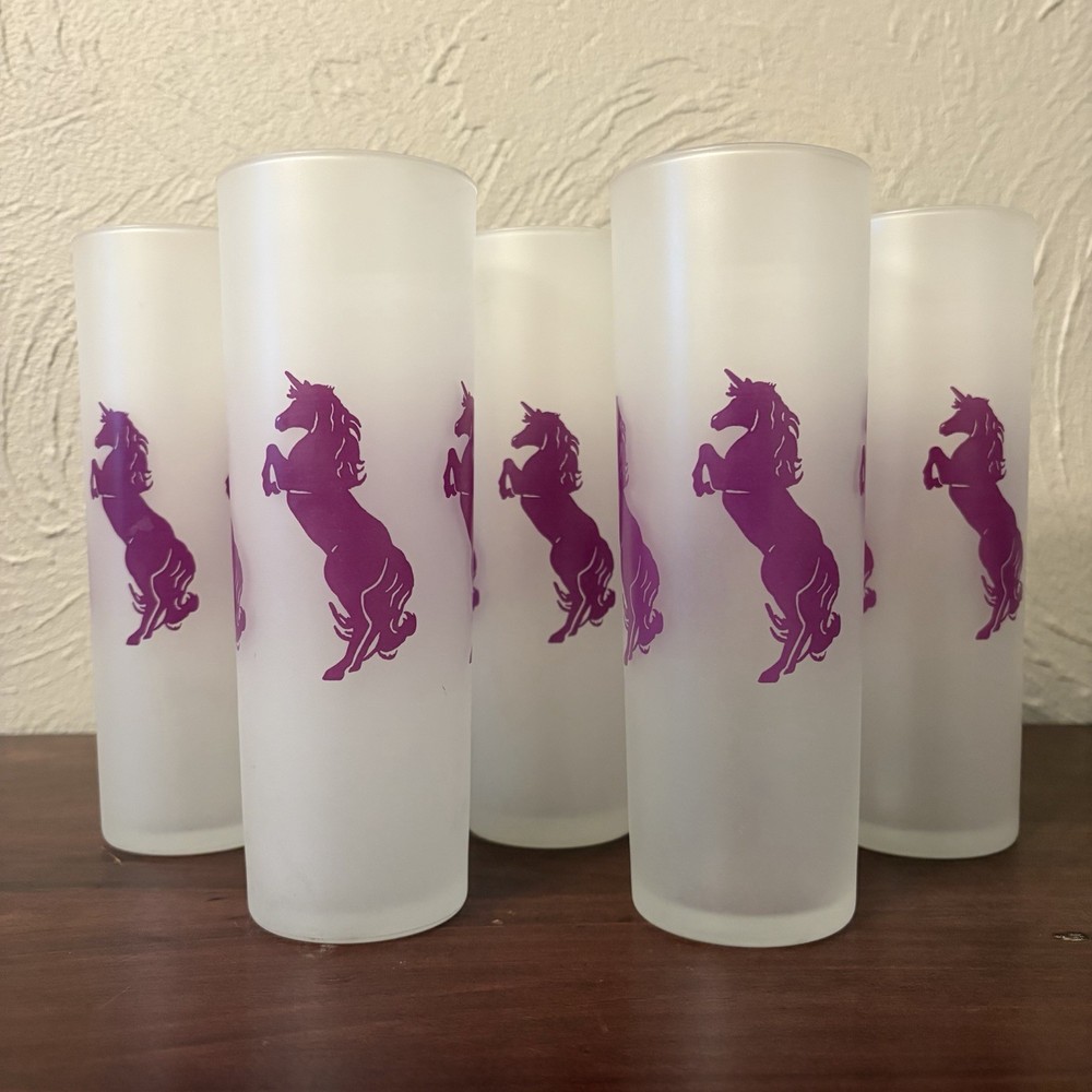 Vintage 80s Libby Frosted Purple Unicorn Tom Collins Glasses Set Of 5 Whimsical