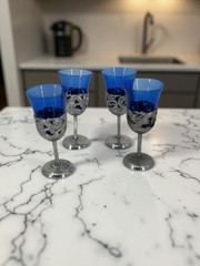Vintage Cobalt Blue Cordial Wine Glasses Set of 4 Pewter Dragon Stem Goblets