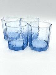 4 Libbey Facets Light Blue Old Fashioned Glasses Textured Octagon Tumblers EUC