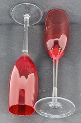 VTG Ruby Red Glass Champagne Flutes Clear Stem Hand Blown Modern Luxury Set