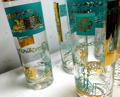 6 Vintage Libbey Southern Comfort Riverboat Highball Glass Tumblers/ Aqua+ Gold