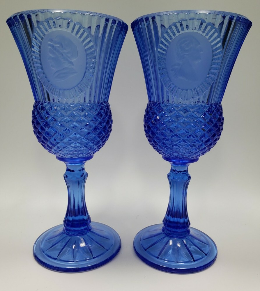 Vintage Avon Fostoria Cobalt Blue Glass Goblet Set ~ Martha & George Washington