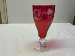 Vintage Ruby Red Cranberry Flash Wine Glass- Etched Flower & Leaf Pattern