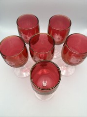 6 Czech Bohemian 5.5″ Wine Glasses Cranberry Stemmed Glassware Etched With Roses