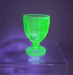 Anchor Hocking Pillar Optic Green Cordial Depression Glass Footed Uranium 3 OZ