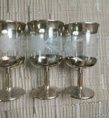 Unmarked Set of 5 Clear Glass Stemmed Goblets Silver-Tone Rim/Base Etched