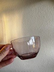 Six-Piece Pink Depression Glass set, cups, cocktail glass, and Sugar Bowl Set