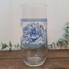 Vintage ARCOPAL FRANCE Glass Blue Rose Honorine Floral 16 OZ Tumblers Set of 6