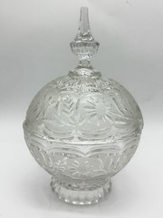 Vintage Footed Crystal Candy Dish w/Lid Frosted Floral Band 10″ x 6.5″ Zajecar