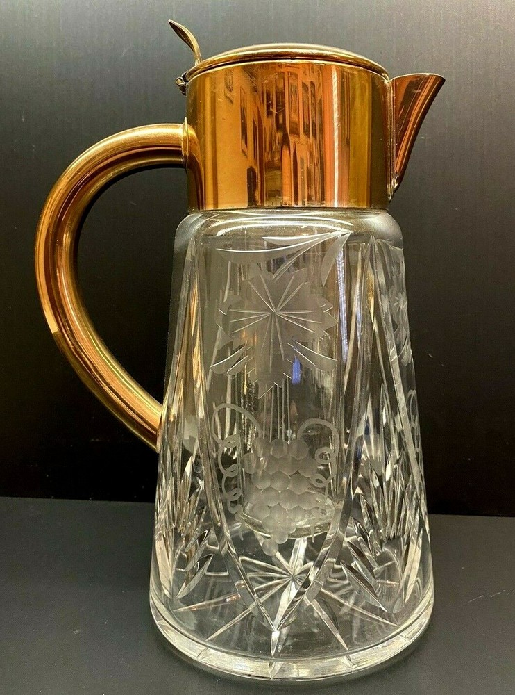 Vintage Cut Glass Crystal Carafe With Ice Chamber & Grapevine Pattern