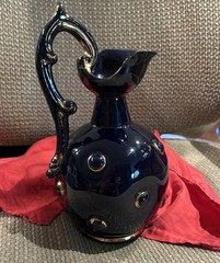 Italian Majolica Cobalt Blue with Gold Trim Vtg Pitcher Terra Cotta/stoneware