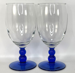 2 Libbey Metropolis Glass Goblets Cobalt Blue Base Double Bulb Stem 16 oz Vtg