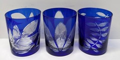 Read Set of 3 VTG Bohemian Glass Cobalt Cut to Clear Old Fashioned Tumblers