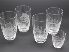 Vintag5pc Set Heisey Tally Ho Etched Glasses with Matching Shot Glass 3.75″ Tall