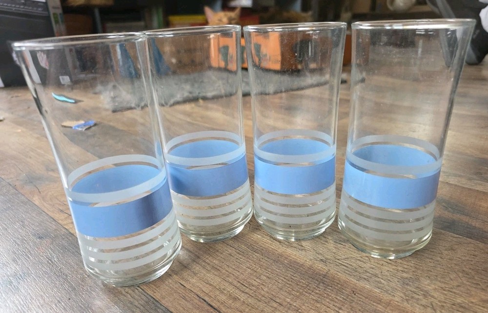 Vintage 4 Libbey Juice Glass Tumblers Clear with Blue & White Frosted Stripes