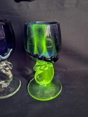 2 Cobalt GLOWY! Art Glass STAG DEER ELK Wine Glasses Silver Black Signed Dated
