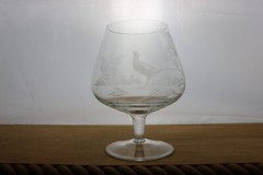 4 Brandy Glasses Etched Wild Life Deer Stag Doe Birds Pheasant Grey Cut Crystal