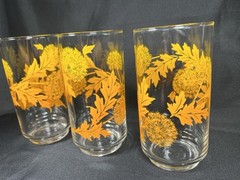 Vintage Set 3 Libbey Glass Tumbler Yellow/Orange Dandelion Design 5.5″x2.75