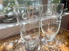 Vintage Etched Rose Footed Tumblers Pair Floral Wheel Etched Blown Glass