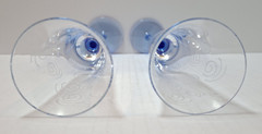 Vintage Champagne Flutes Etched Glass Clear w/Long Blue Stem 11 1/2″ Pair of 2