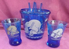 Hazel Atlas Cobalt Blue Sailboat On the Rocks Ice Bucket, Stirrers & Glasses