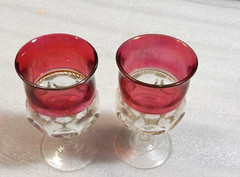 TWO Kings Crown Thumbprint Water Goblets Ruby Flash Stained 5 3/4″