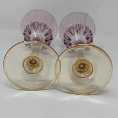 Pair of Italian Blown Glass Wine Goblets Pink Glass Bowl Gold Stem
