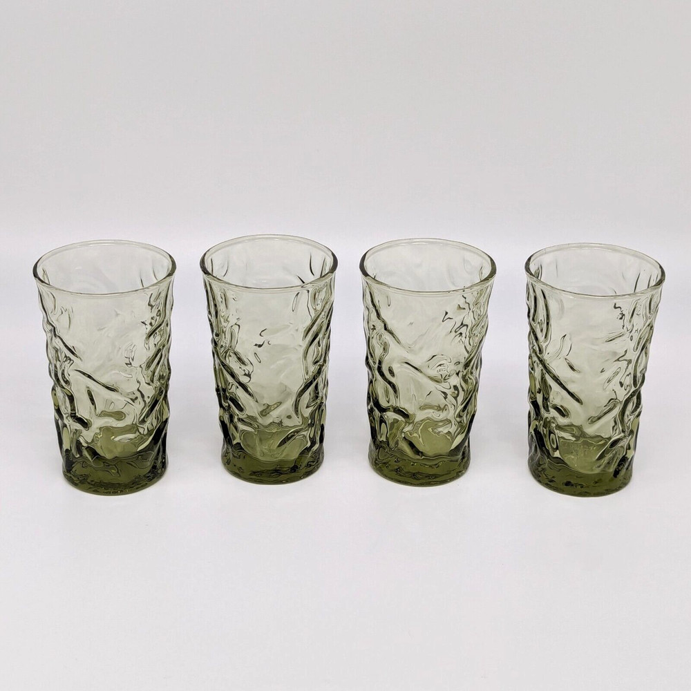 Aztec Juice Glass Tumblers Set of 4 Olive Green Textured Crinkle Libbey VTG