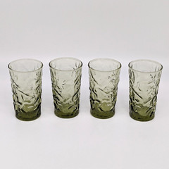 Aztec Juice Glass Tumblers Set of 4 Olive Green Textured Crinkle Libbey VTG