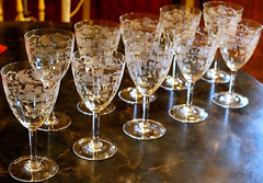 Vtg Set 10 CENTRAL GLASS WORKS Needle Etched Optic PASSIONFLOWER Water Goblets