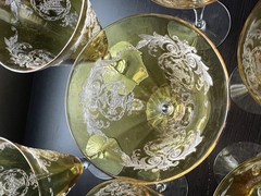 7 vintage Tiffin Arcadian Art Deco Topaz Etched Basket Design Footed Glasses