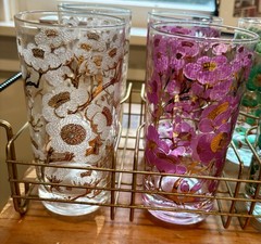 Vintage SET of 8 Fred Press MCM Floral Multicolor Highball Glasses with tray