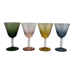 1960s MCM Multi Color Glass Goblets Twisted Clear Stem Set Of 4 Hand Blown 5.25”