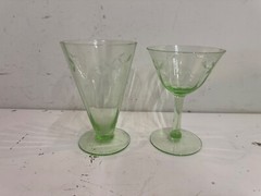 Vintage Pair of Green Uranium Glass Juice Tumbler and Stemmed Glass