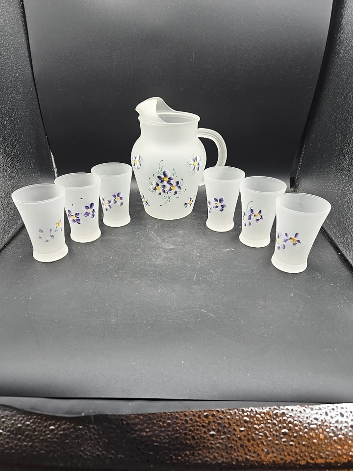 Frosted Glass Hand Painted Juice Pitcher And Glasses Purple Flowers Vintage
