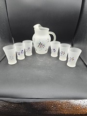 Frosted Glass Hand Painted Juice Pitcher And Glasses Purple Flowers Vintage