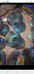 Blue Iridescent Carnival Glass Stemmed Goblet Drinkware Set with Trays