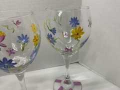 Hand Painted Clear Stemmed Goblets – Flowers & Dragonflies – 8.5” T – Preowned