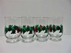 4 Libbey Holly And Berry Hurricane Style 12 oz Flat Tumblers LRS19 Gold Rim (OC)